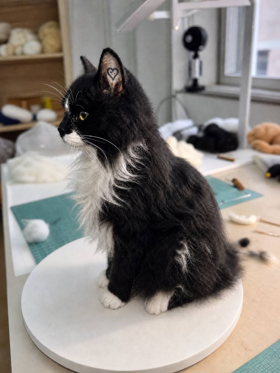 Side view of the finished handmade wool sculpture of Taylor Ogle's cat