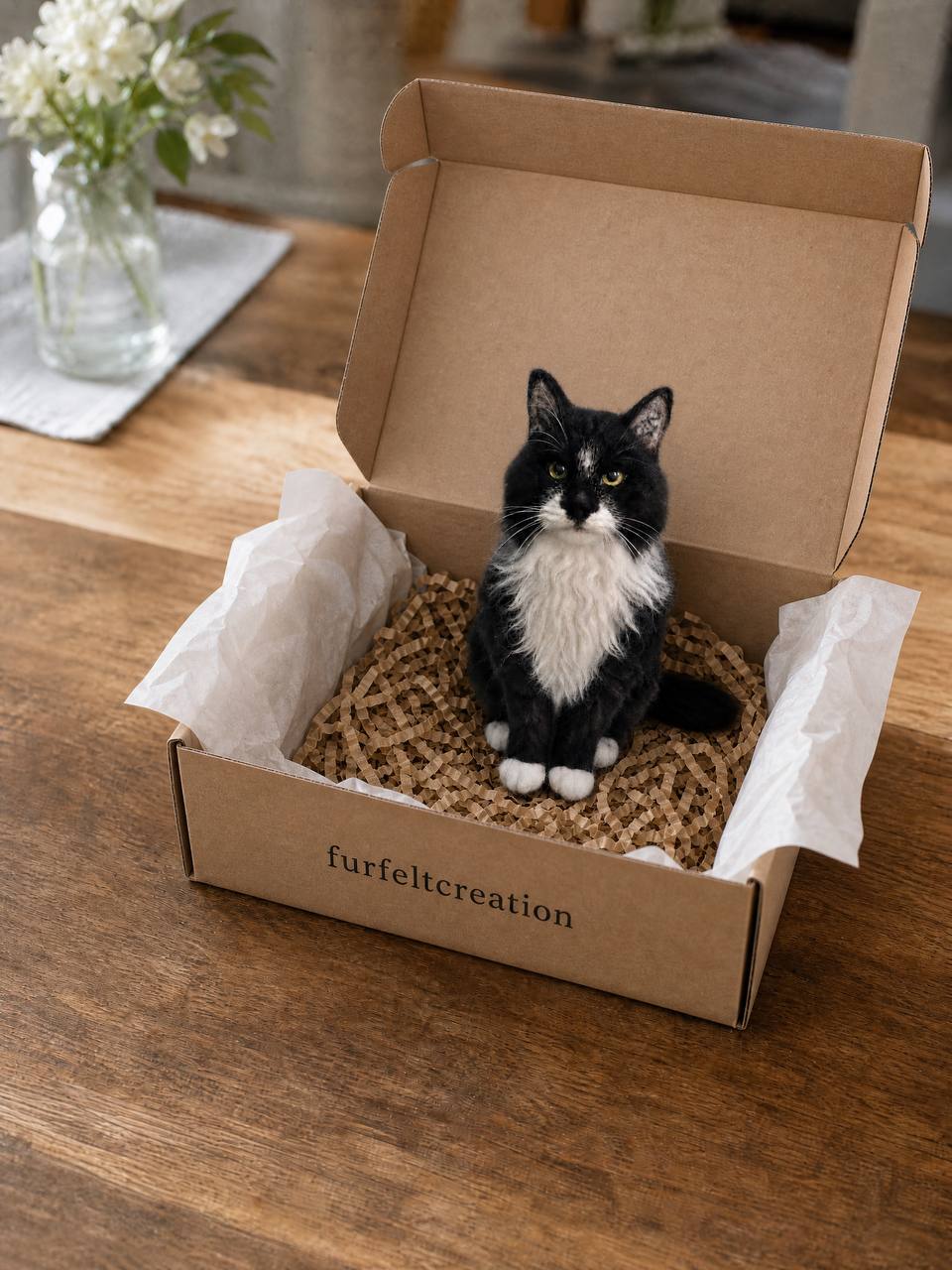 Finished handmade wool sculpture of Taylor Ogle's cat in its presentation box